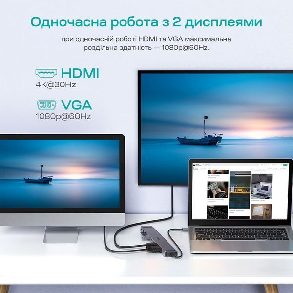 USB-C хаб 11-в-1 Choetech M20 HDMI 4K@30Hz, VGA, 3 USB-A 3.0, USB-C 3.0, RJ45, USB-C PD, SD-card, TF-card, 3.5mm audio (43-00154) 43-00154 фото