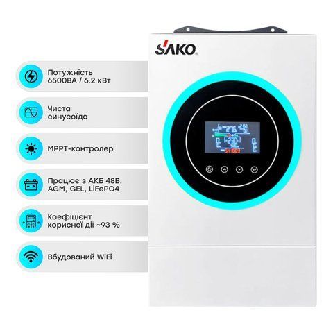 Гібридний інвертор 6.5kVA/6.2kW Sako SUNON V 6.5KVA/6200W/48V+120A MPPT (42-00165) 42-00165 фото