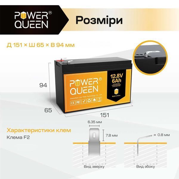 Акумуляторна батарея літій-залізо-фосфатна 12.8В 6А*год LiFePO4 Power Queen P12V6-6-BASIC-4-A6 (44-00534) 44-00534 фото